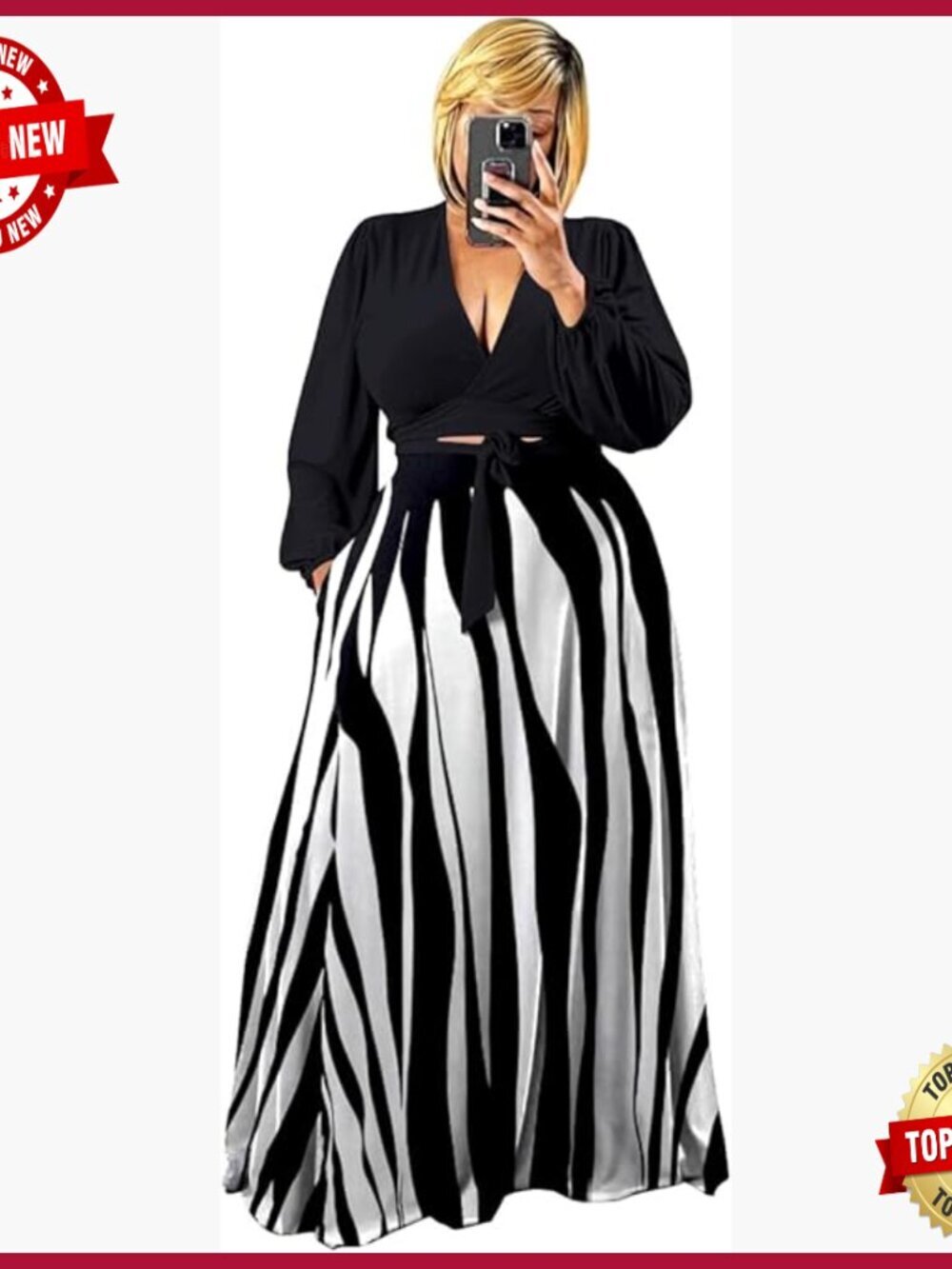 Plus Size Two Piece Set Wrap Crop Top Maxi Skirt Dress Casual Outfit